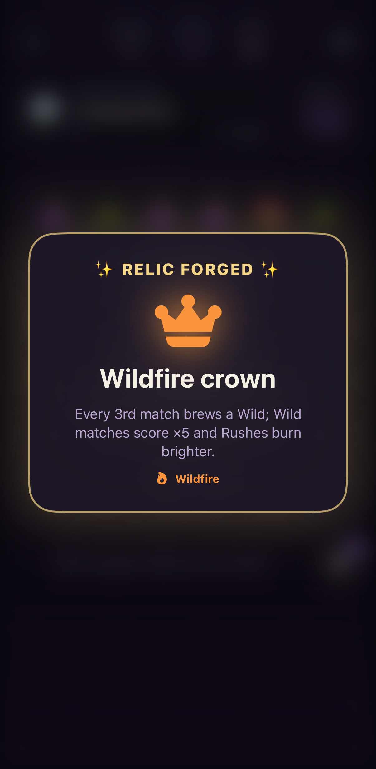 Hexbrew forging the Wildfire Crown relic from a completed charm combination