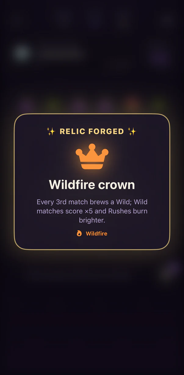 Hexbrew forging the Wildfire Crown relic from a completed charm combination